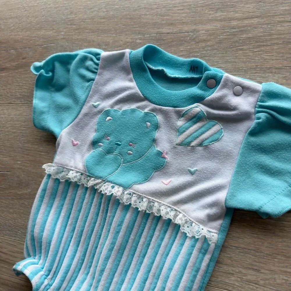 Vintage 80’s Blue & White Baby Romper 3-6 Mos One Piece Teddy Bear Balloon READ